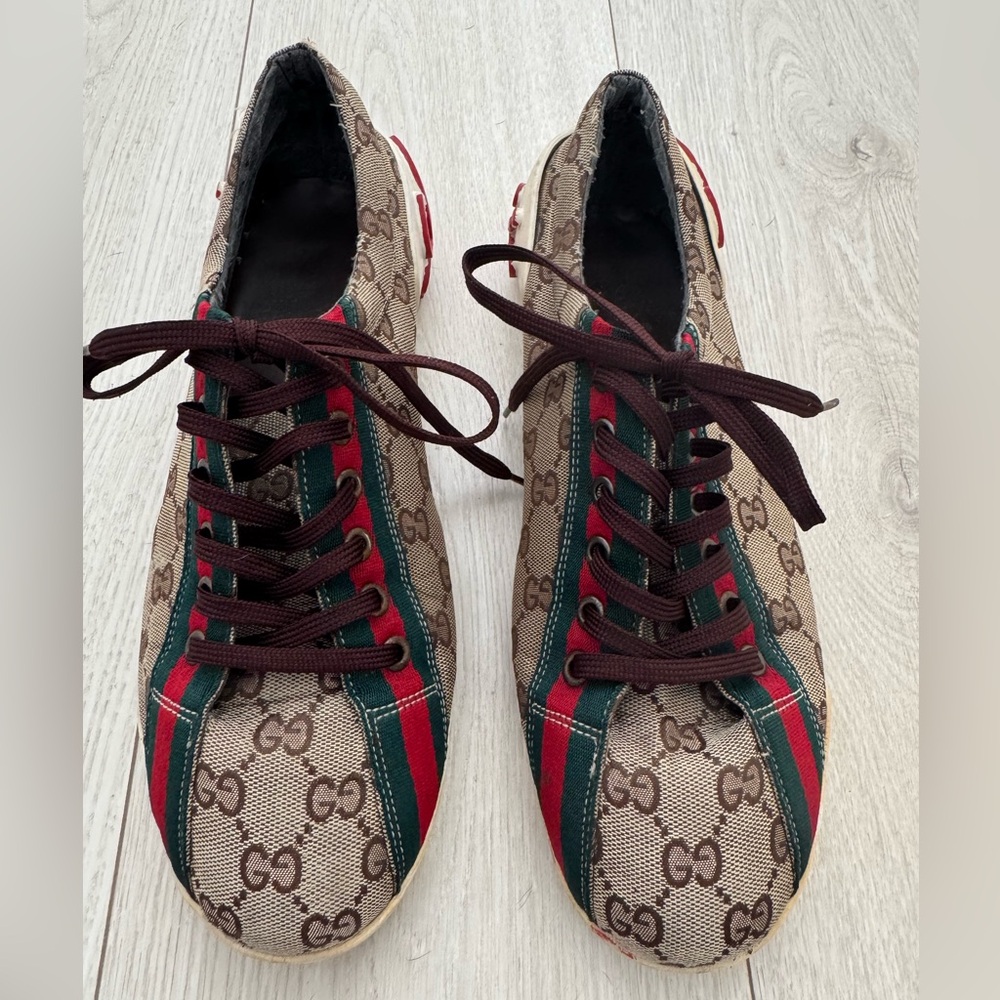 Gucci Monogram Sneakers with Red and Green Stripes